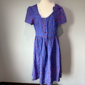Vintage 80s/90s Purple Floral Dress with Lace Collar - Size Small/Medium